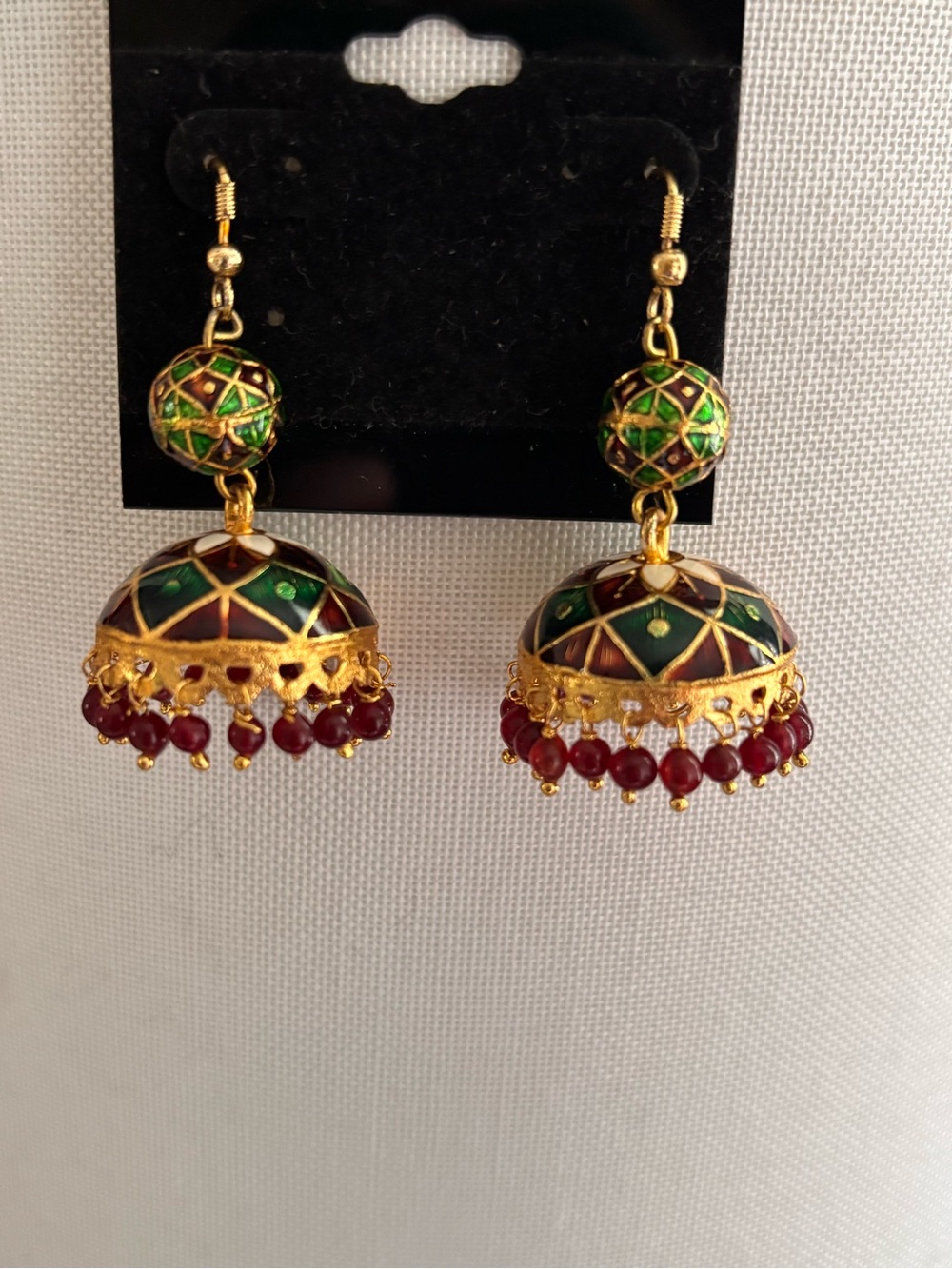 Ethnic Indian Wear Gold-Tone Green and Maroon Jhumka Earrings